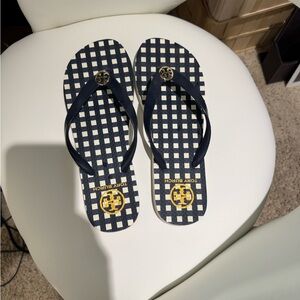Tory Burch Navy and White Checkered Flip Flops